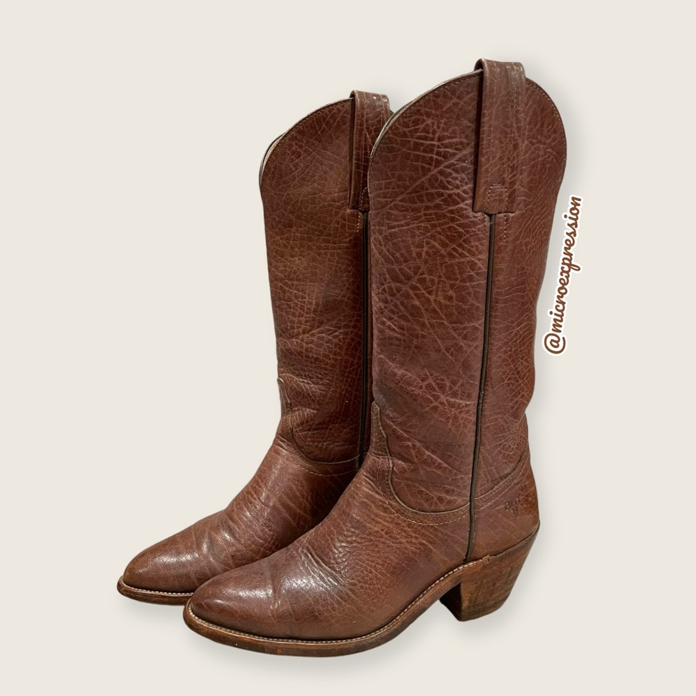 1980s VINTAGE Frye Real Leather Pull On Grainy Brown Pull On Western Cowboy Boot - Picture 9 of 16